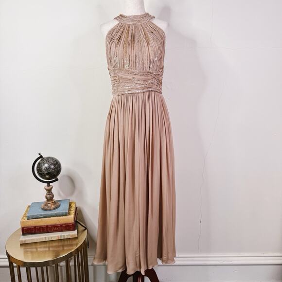 NWT Elie Saab Nude Silk Sequin Halter Gown Size 42 Goddess Midi Dress $10K - Picture 1 of 15
